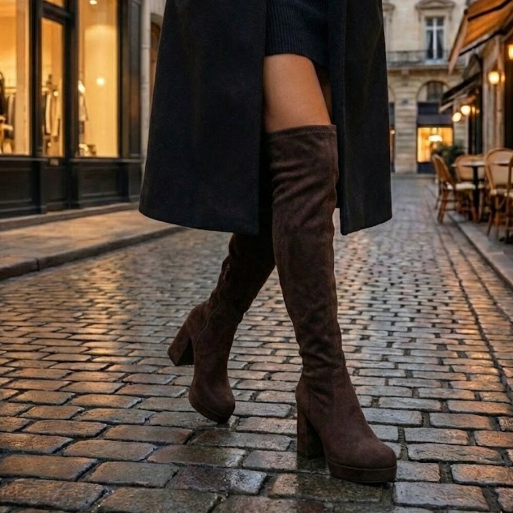 Women's Dark Brown Suede Knee-High Block-Heel Boots